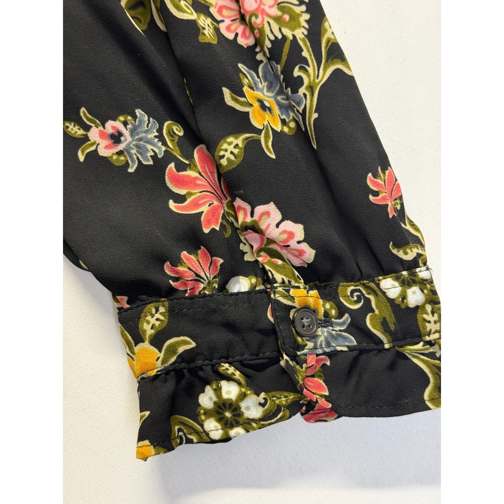 Loft Popover Blouse Top Womens XL Black Multi Floral Ruffle Trim Cuff & Neck - Picture 6 of 11